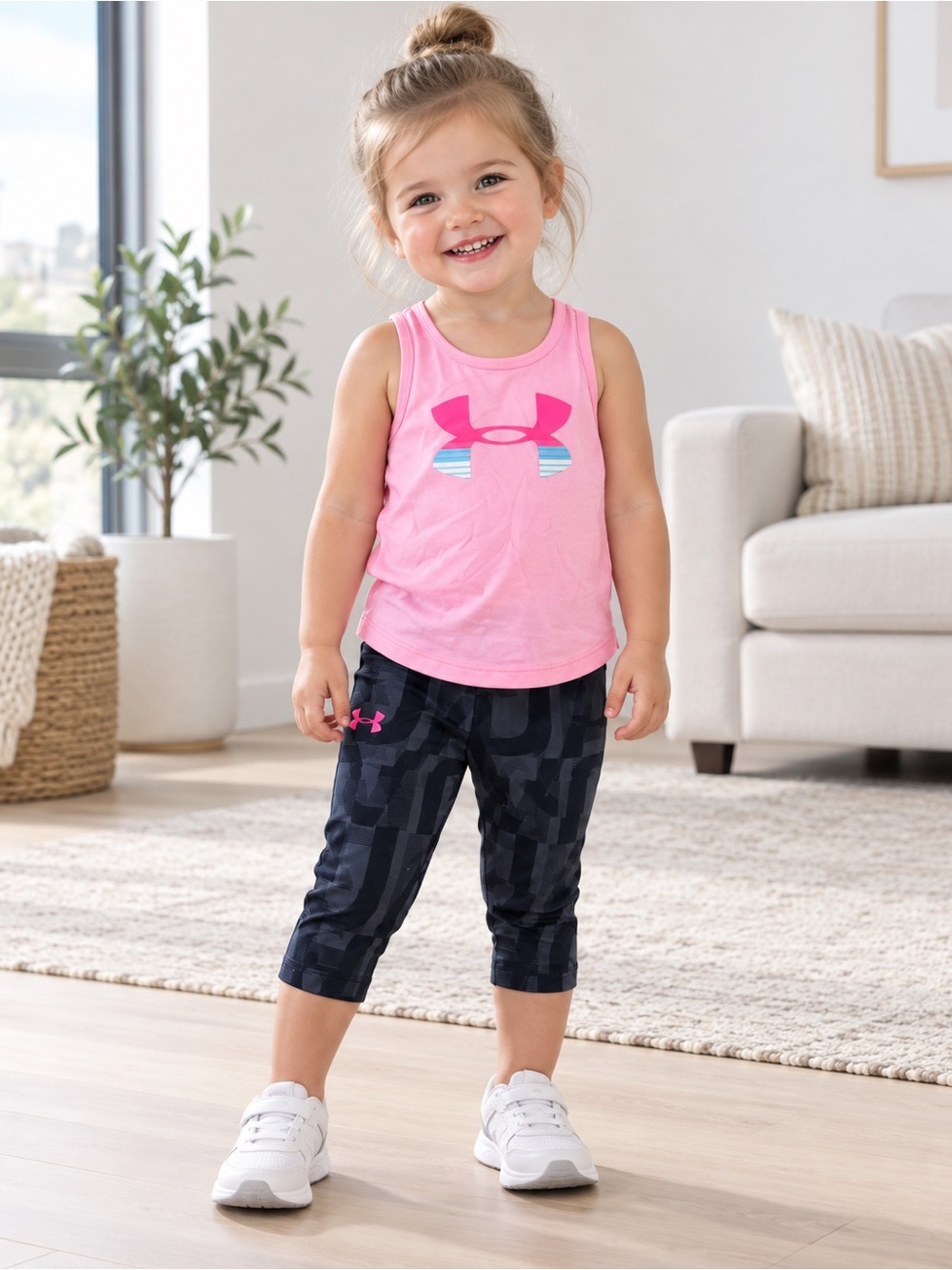 Under Armour Pink Logo Tank with Black Patterned Capri Set - Girls